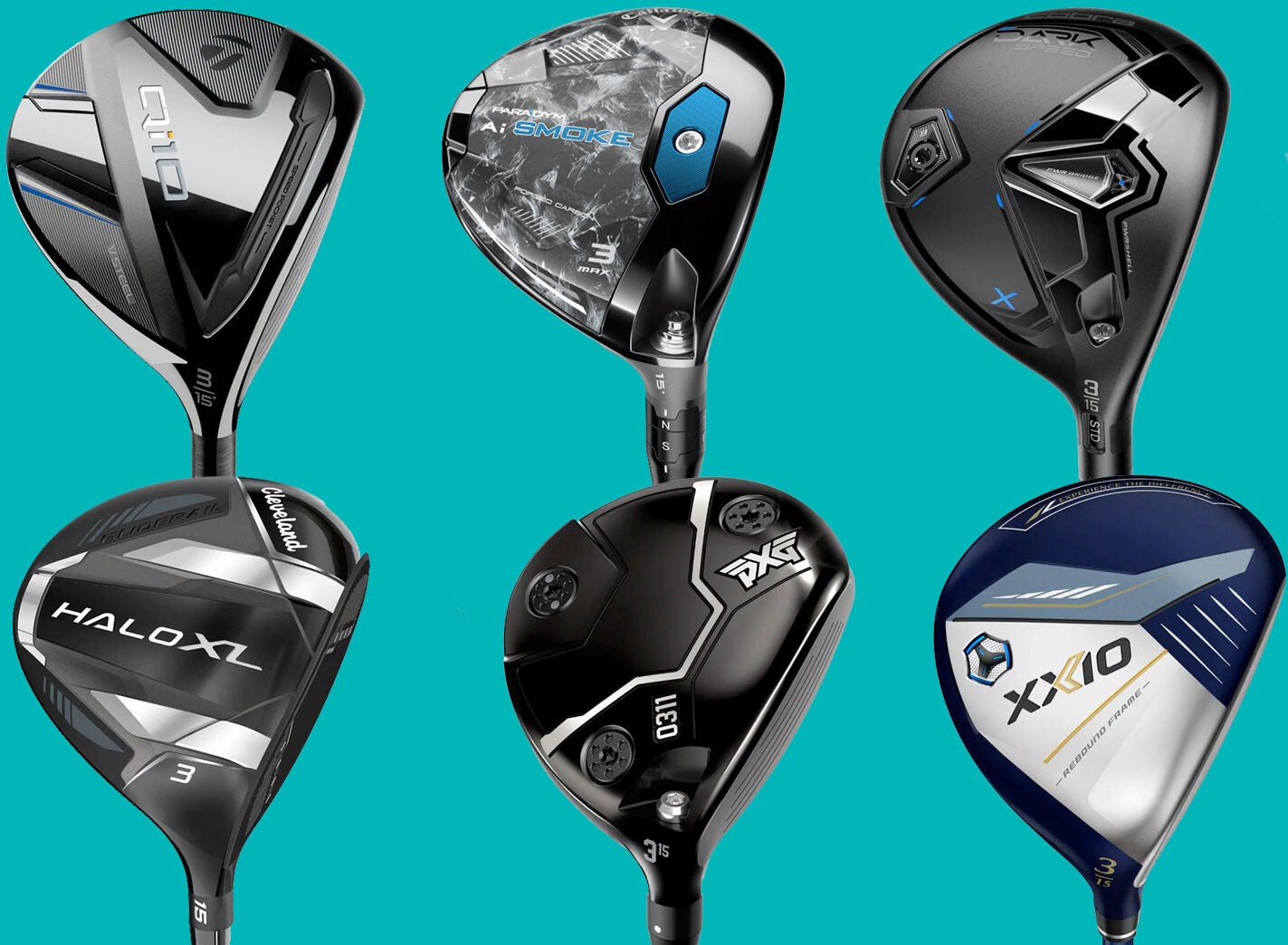 Six new fairway wood golf clubs against a blue background