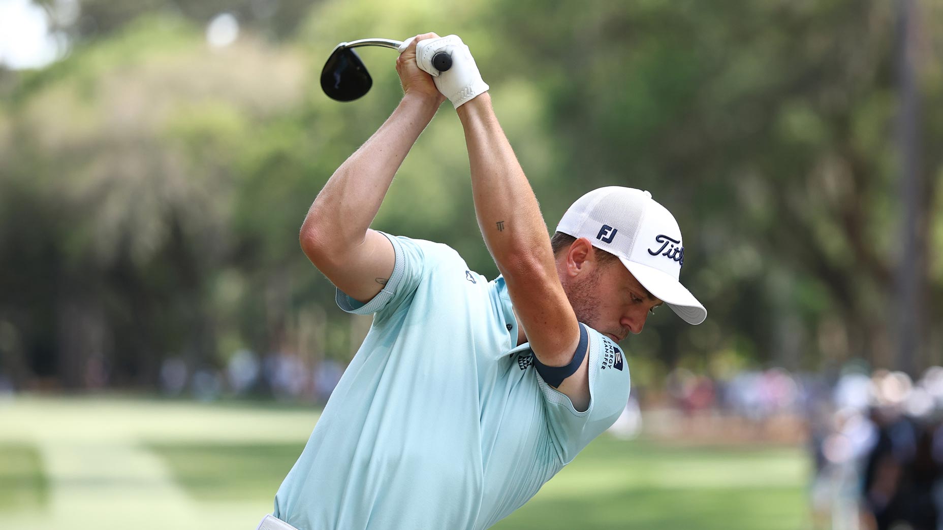 Justin Thomas in full flight with his Titleist GT2 driver on his way to winning the RBC Heritage
