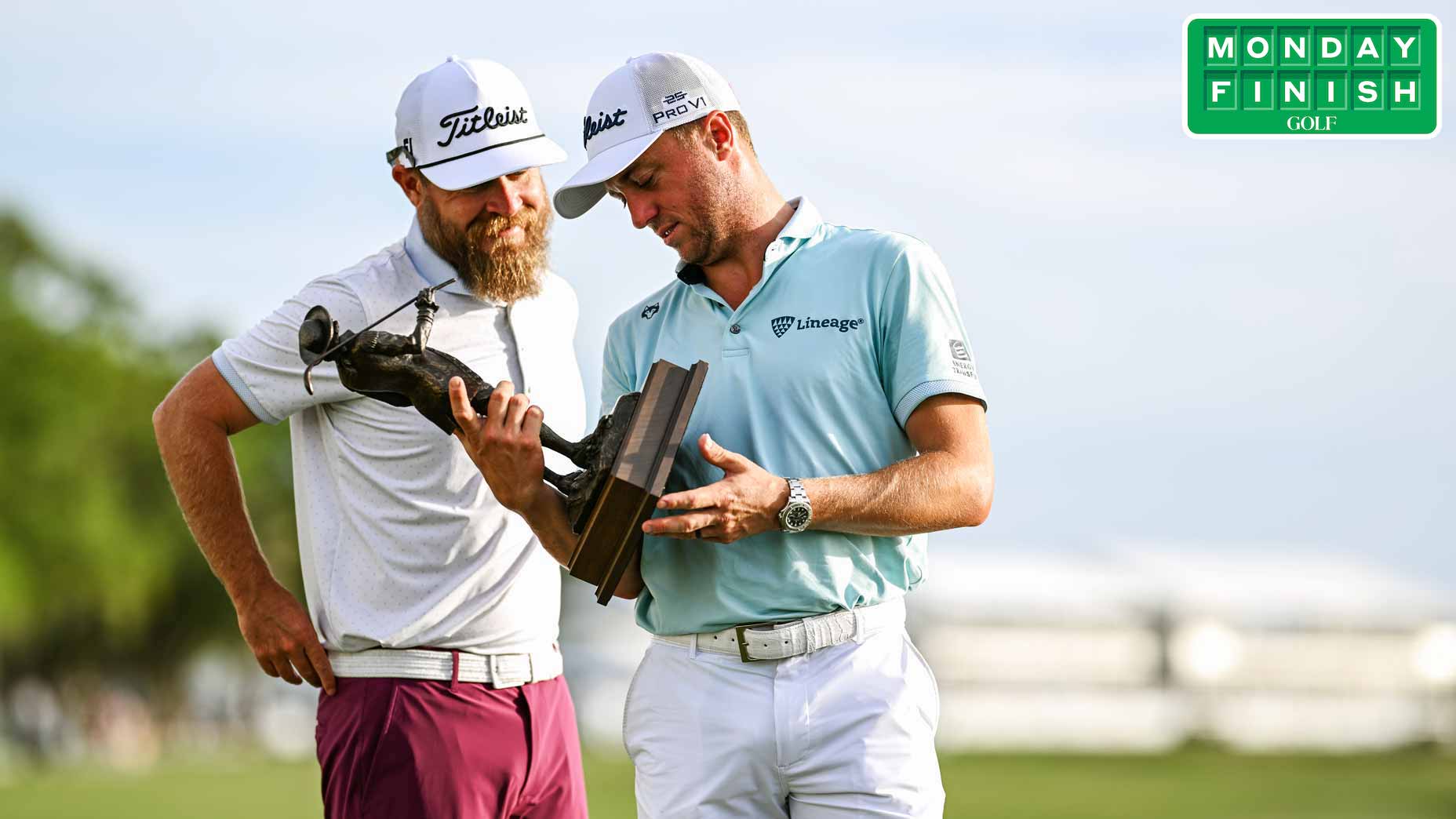Justin Thomas and fill-in caddie Joe Greiner post-win.