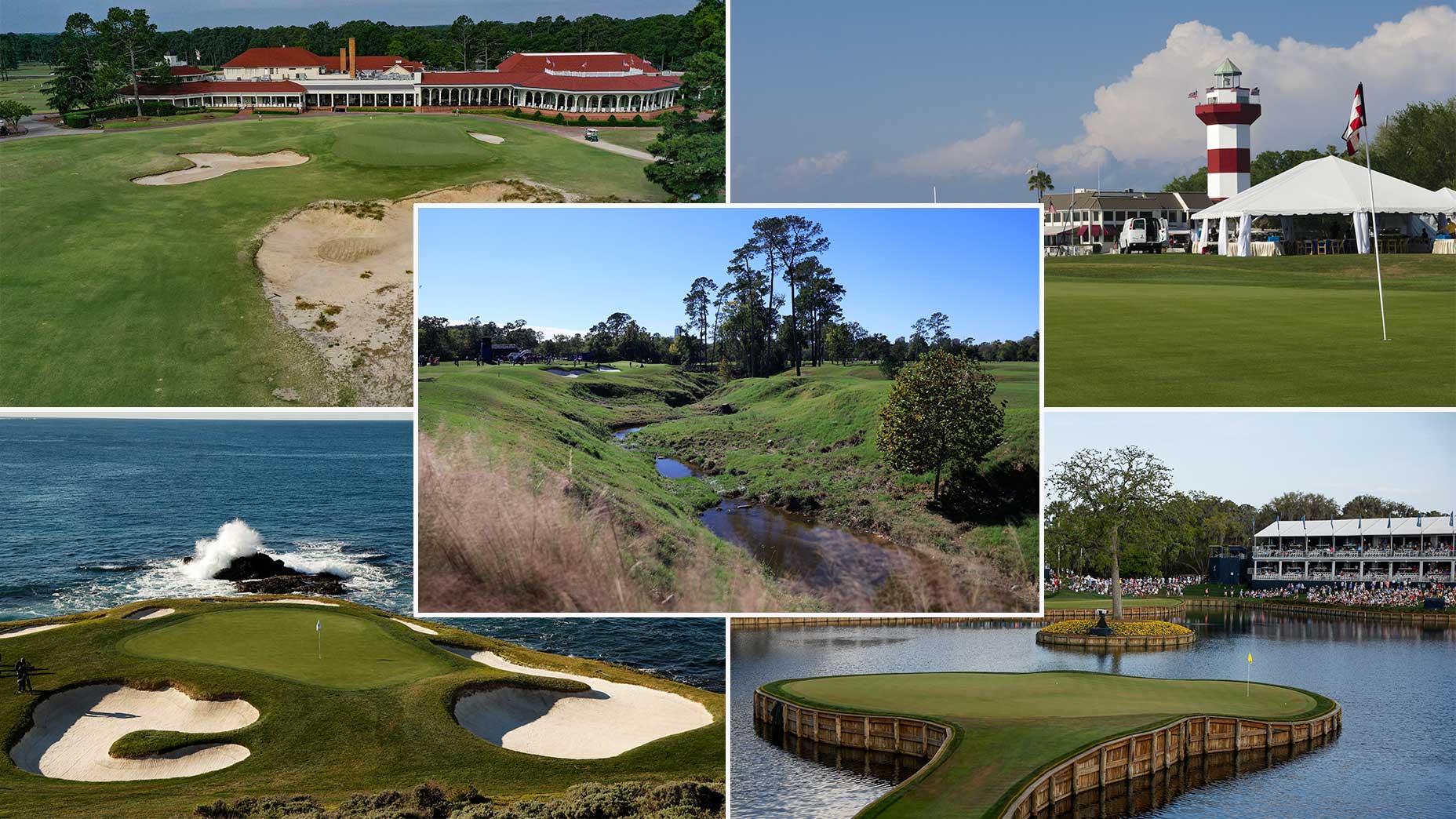 A split image of (clockwise from top left) Pinehurst, Harbour Town, TPC Sawgrass and Pebble Beach with Memorial Park in the center.
