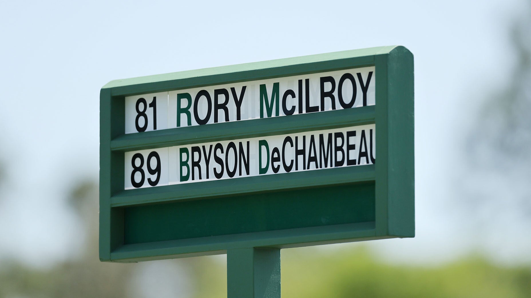 The names of Rory McIlroy of Northern Ireland and Bryson DeChambeau of the United States are displayed in the standard near the first tee during the final round of the 2025 Masters Tournament at Augusta National Golf Club on April 13, 2025 in Augusta, Georgia.