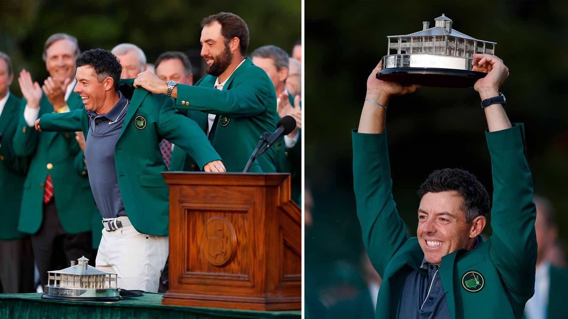 Rory McIlroy puts on the green jacket at the 2025 Masters