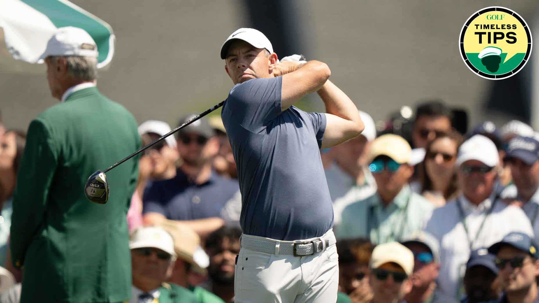 rory mcilroy swings driver during the 2025 masters