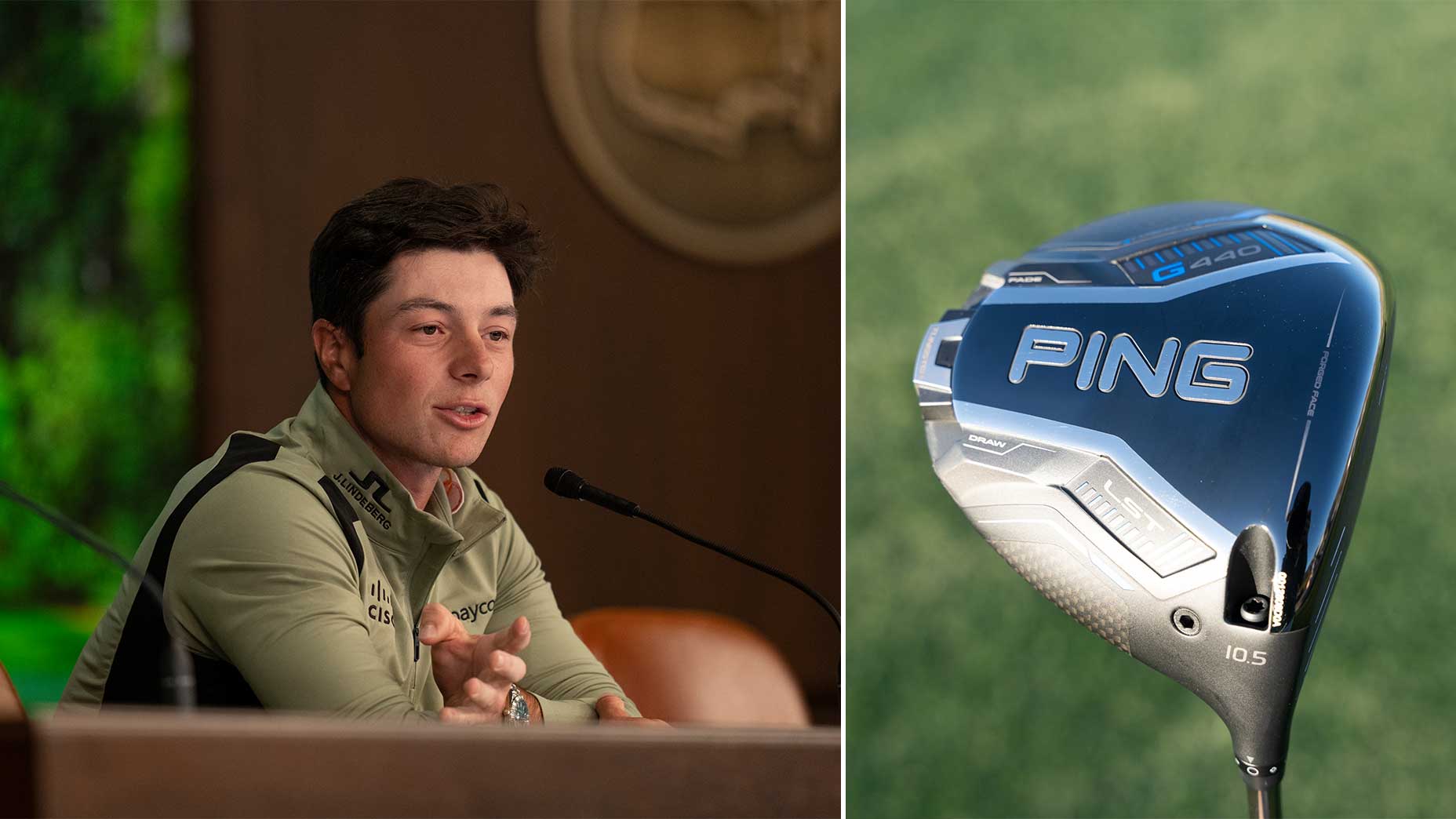Viktor Hovland speaks at the Masters Media Center and an image of a Ping G440 LST driver.